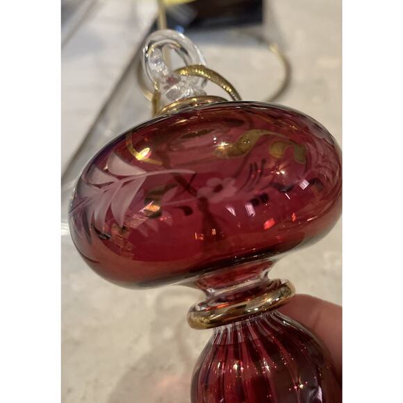 Vtg Art Glass Handblown Finial Cranberry Gold Etched Flowers Christmas Ornament